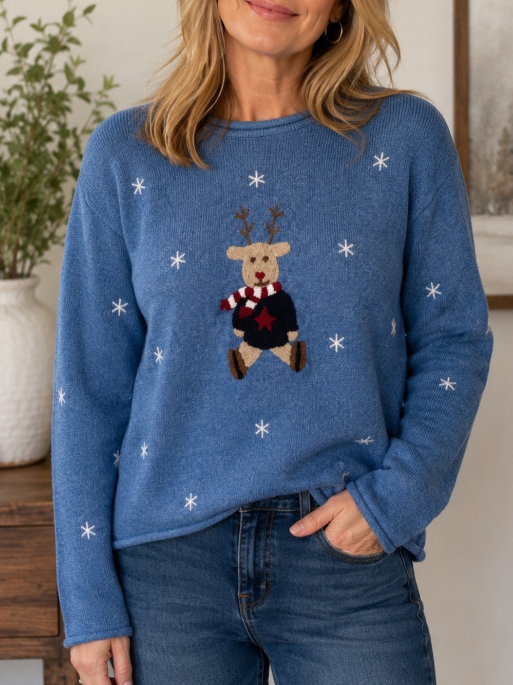 Christopher & Banks Hand Embroidered Reindeer Holiday Blue Sweater Large‎